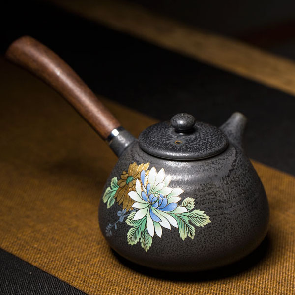 5Cgo 537935278104 德馨閣淺浮雕牡丹紋茶壺茶杯泡茶茶具茶海木柄側把壺橫手繼續陶瓷功夫茶具套組茶道 HJT98000