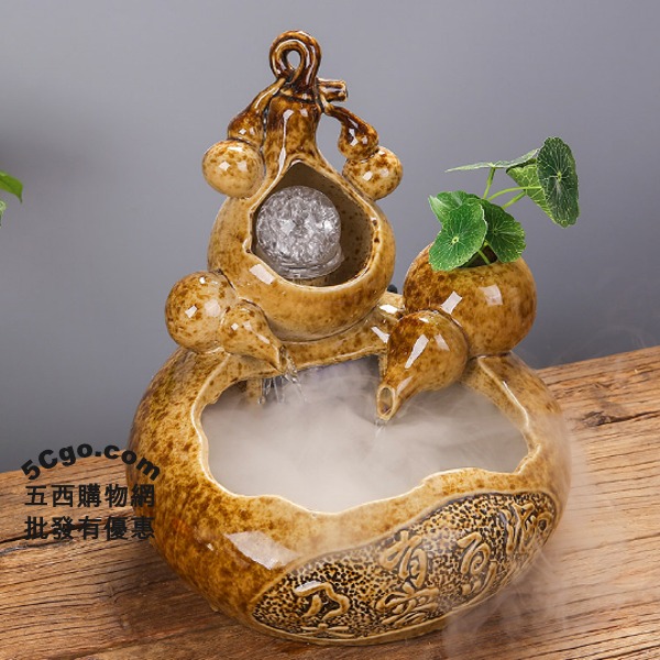 5Cgo 555125393821 陶瓷客廳招財風水輪噴泉流水擺件創意水景平安納福五福臨門葫蘆福祿含水晶球 AGL55200