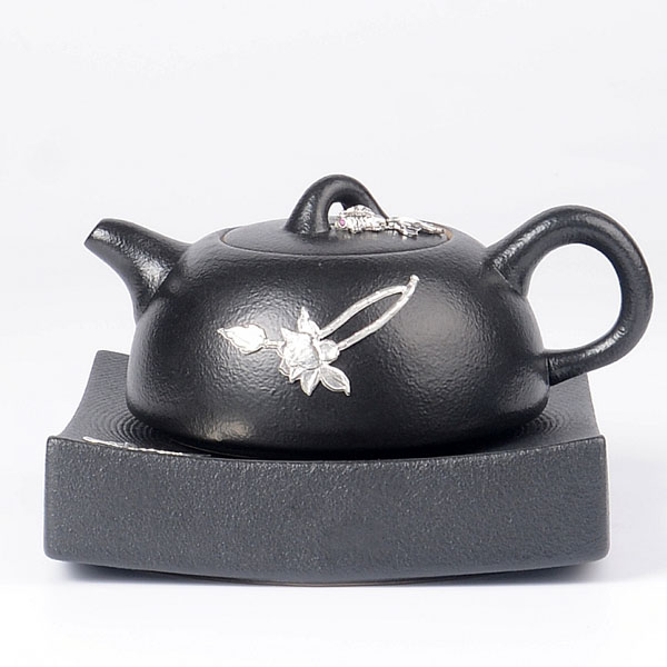 5Cgo 556337780677 陶瓷功夫泡茶蓋碗茶壺壺承茶杯泡茶大號貼錫茶碗三才禅風黑陶個性茶具套裝 HJT61100