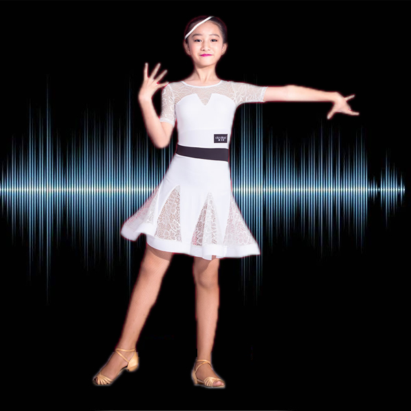 5Cgo 553529013807 少兒拉丁舞表演服裝中兒童規定服蕾絲連衣短裙少女練功服夏   GSX93200