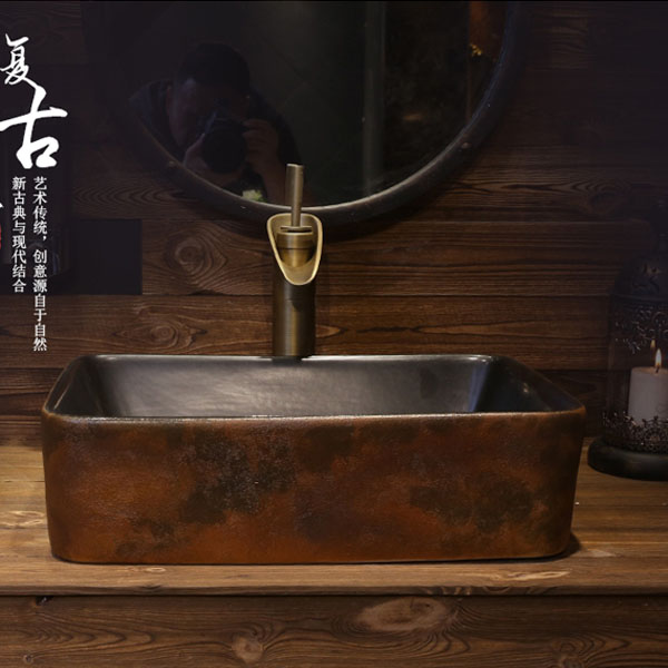 5Cgo 551871154604 中式復古石頭洗手盆台上盆方形陶瓷藝術盆衛浴仿古洗臉盆台盆衛浴室衛生間洗漱酒店會所住房裝修設計 CHX87200