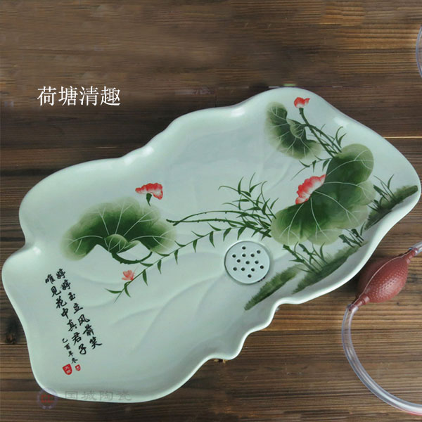 5Cgo 35250500479 手工手繪青瓷茶壺茶杯泡茶茶具茶海茶盤荷葉茶盤大號陶瓷排水式單層茶海家用托盤  HJT22100