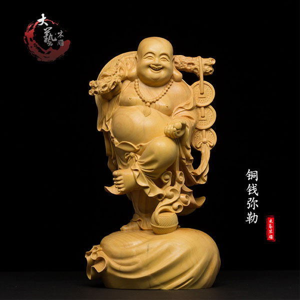 5Cgo 553791575411 黃楊木雕實木客廳臥室書房精品雕刻工藝品手把件人物佛像招財書架擺件銅錢彌勒  HJT02400