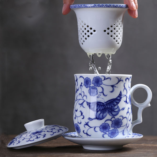 5Cgo 558389671697 馬克杯青花瓷帶過濾茶杯陶瓷茶壺茶杯泡茶茶海茶玩四件套辦公杯帶蓋功夫茶具個人杯主人  HJT84000
