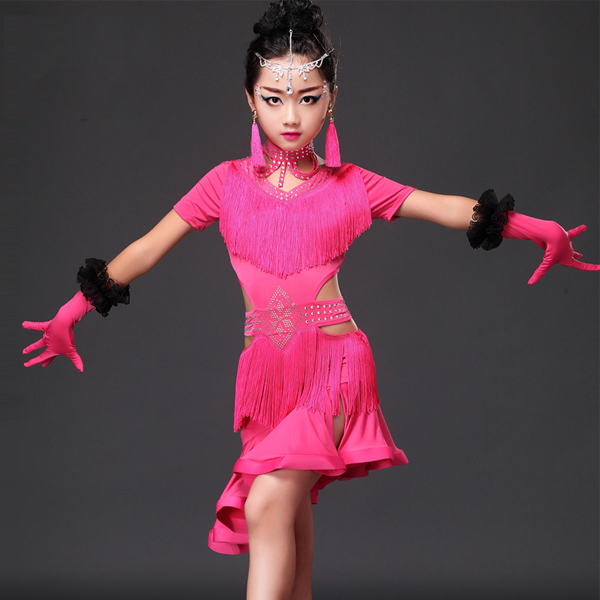5Cgo 552344634018  兒童拉丁舞裙流蘇燙鑽新款女童拉丁舞演出服比賽服表演服裝 五件套    GSX05100