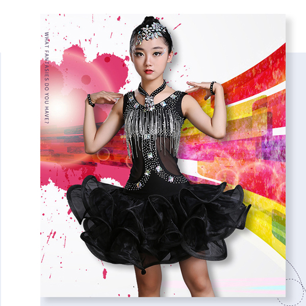 5Cgo 554371616706  少兒拉丁舞演出服新款燙鑽管珠女兒童拉丁表演比賽服蓬蓬紗裙連衣    GSX86100