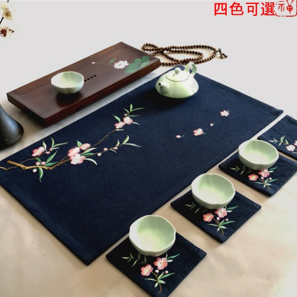 5Cgo 547545571316 棉麻手工禪意刺繡花朵梅花桃花茶席中式茶道功夫泡茶麻布茶墊茶旗桌旗茶簾壺墊四色可選30*55 AGL04000