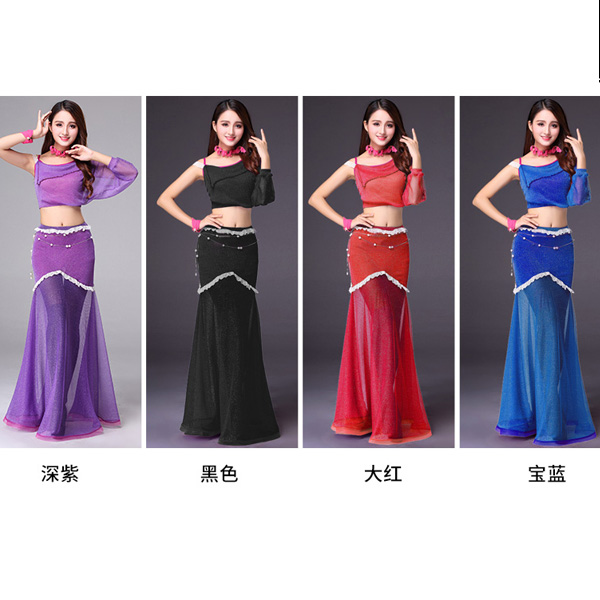5Cgo 563009658454 飛魅肚皮舞練功服銀絲網大擺長裙演出服性感肚皮舞套裝秋冬練習服  GSX88000