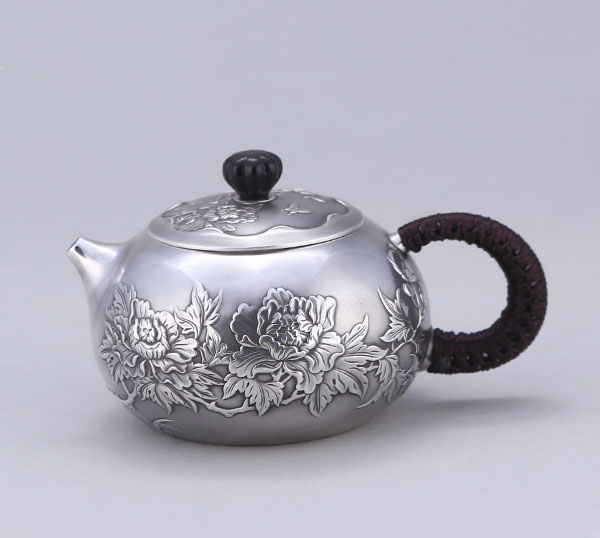 5Cgo 557561822643 日本原創手工純銀茶壺茶杯泡茶茶海s999高檔茶壺銀壺泡茶壺功夫茶具牡丹國色天香 HJT08020
