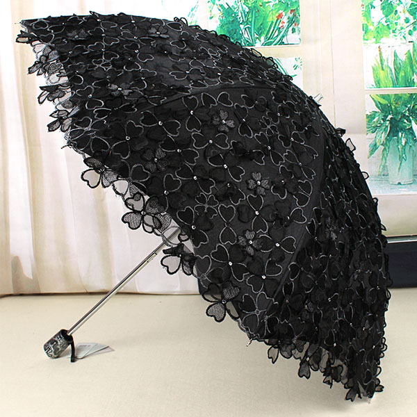 5Cgo 529547273262 進口遮陽傘二折立體蕾絲刺繡花朵晴雨傘太陽傘淑女黑膠防紫外線防曬公主傘 HJT52200