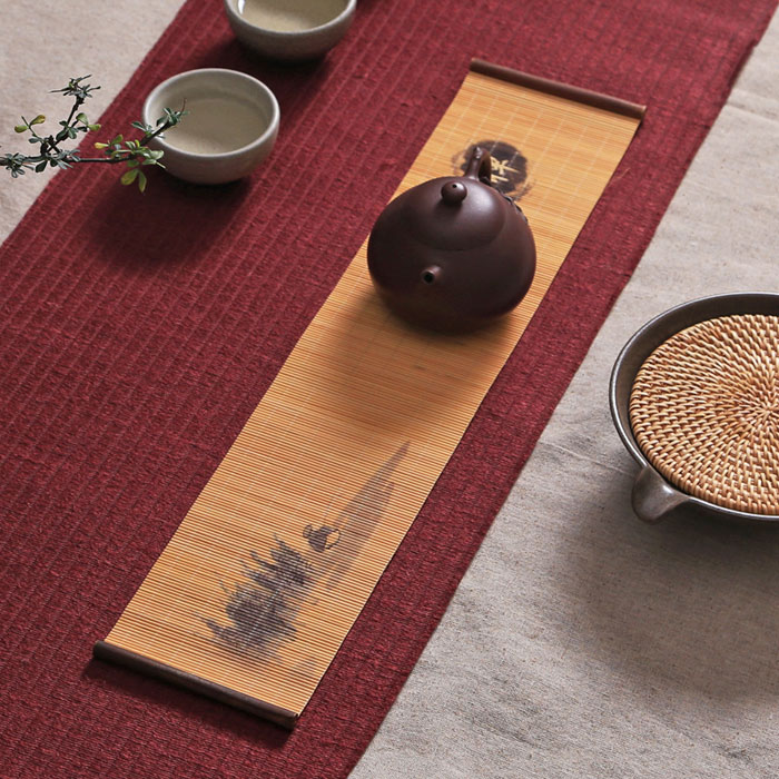 5Cgo 540238117667 印花竹絲小茶席功夫茶道亁泡竹茶簾禪意茶盤墊竹席隔熱茶具杯墊  QYM02000