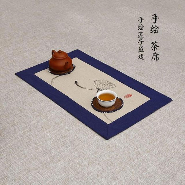 5Cgo 527291617955 藏藍粗布手繪茶席麻布布藝禪意桌旗隔熱墊茶道配件功夫茶具 QYM36000