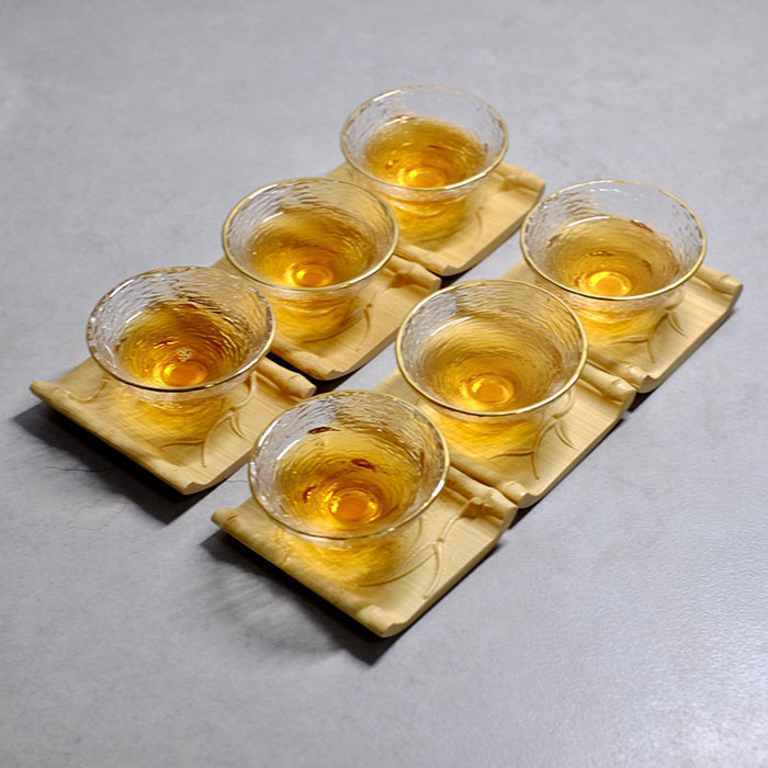 5Cgo 560998844262 方形竹木杯托凹槽手工立體雕花竹子木杯墊茶杯隔熱墊功夫茶具配件6個 QYM84000