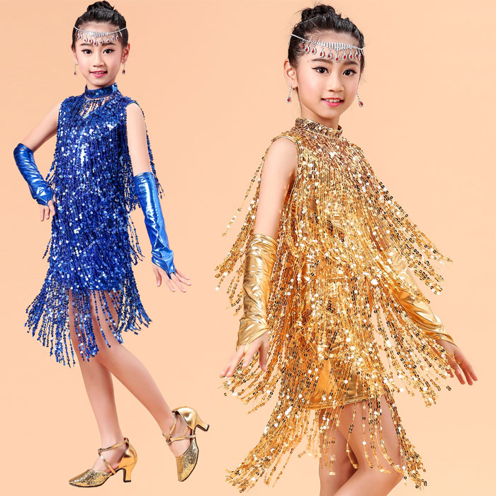 5Cgo 529255709584 兒童拉丁舞演出服女童拉丁舞爵士連衣裙比賽表演服裝新款亮片流蘇裙舞台裝 HJT56000