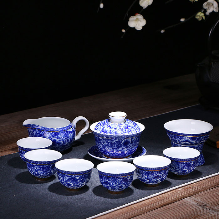5Cgo 544365695662青花瓷茶具套裝百花整套功夫茶具家用蓋碗茶杯景德鎮禮盒送禮辦公 QYM04100