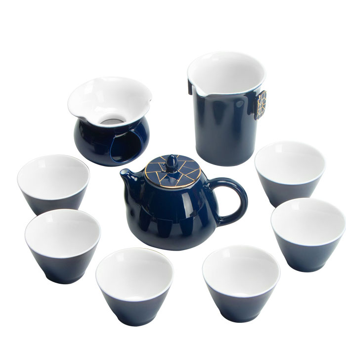 5Cgo 559060468642 霁蓝描金功夫茶具套装手工盖碗家用公道杯陶瓷茶壶整套送禮辦公 QYM91200