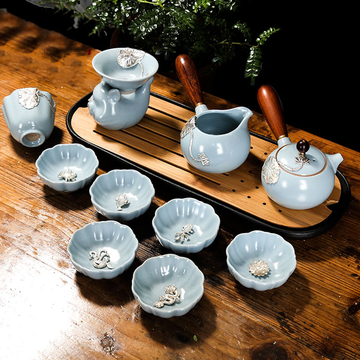 5Cgo 553731946900 汝窯茶具套裝鑲銀茶具整套銀魚杯開片汝瓷功夫側把壺辦公陶瓷茶杯QYM89900