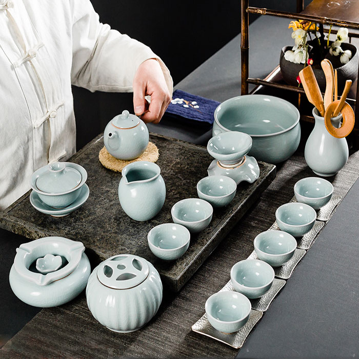 5Cgo 564364289127 功夫茶具套裝整套金絲開片汝窯間約現代陶瓷茶道茶壺家用茶杯辦公送禮茶道17件套  QYM892