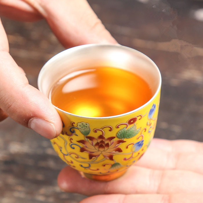 5Cgo 565472595705 鎏銀杯子999純銀茶杯陶瓷功夫茶具鎏銀茶盞主人杯中式手工家用送禮一對 QYM83100