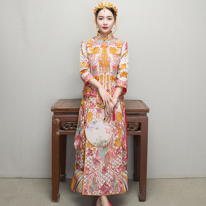 5Cgo 544680414953 劉詩詩同款秀禾服2018新款夏季新娘結婚龍鳳褂複古旗袍服婚服中式禮服敬酒服 HJT88400