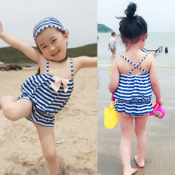 5Cgo 534567147476 兒童連體泳衣女孩泳裝夏季條紋蝴蝶結女童中大童旅遊度假泡溫泉女寶寶遊泳衣新款 HJT57000