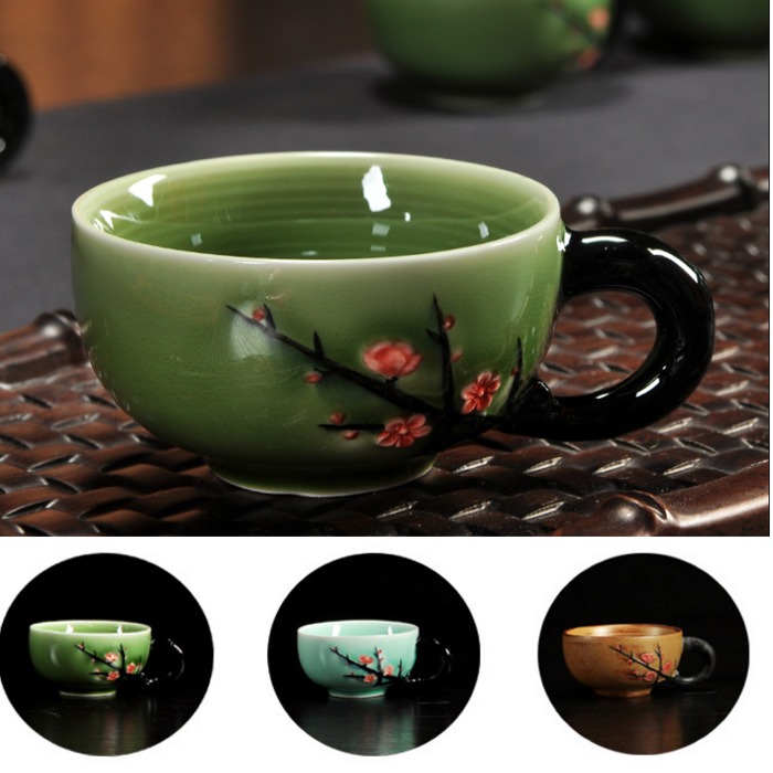 5Cgo 536002335824 手繪寒梅花陶瓷品茗杯普洱杯功夫茶杯小茶杯茶具影青黃陶綠陶主人杯有把手 六個杯 AGL08000