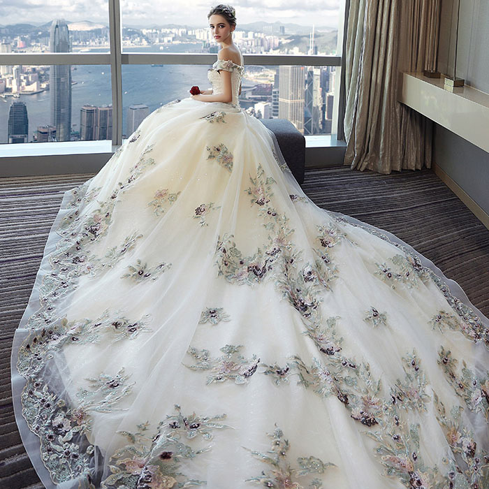 5Cgo 565703144855 婚紗禮服時尚新款歐美孕婦大碼顯瘦新婚纱露肩新娘結婚宮廷一字肩奢華長拖尾 HJT60700