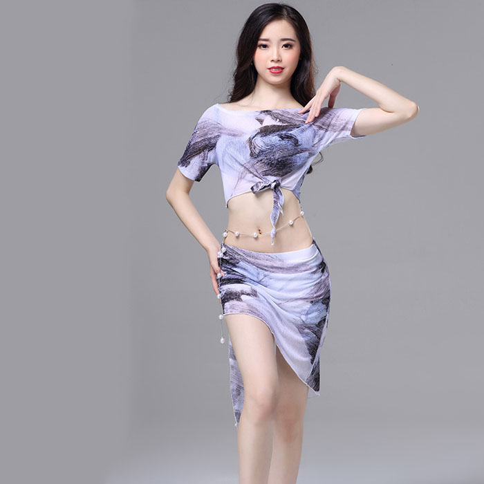5Cgo 567467045853 菲梵舞後肚皮舞練功服2018夏季新款套裝女成人水墨印花薄紗裙子透氣性感表演出服裝 HJT62100