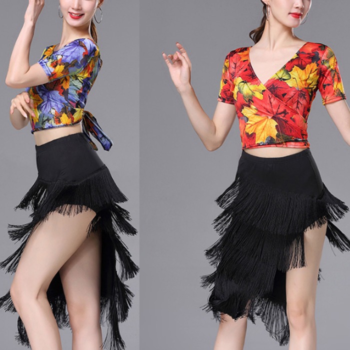 5Cgo 569390795293 V領拉丁舞服裝女成人練功服專業舞蹈比賽服拉丁舞衣舞裙演出服新款二件套流蘇短裙連安全褲 AGL61100
