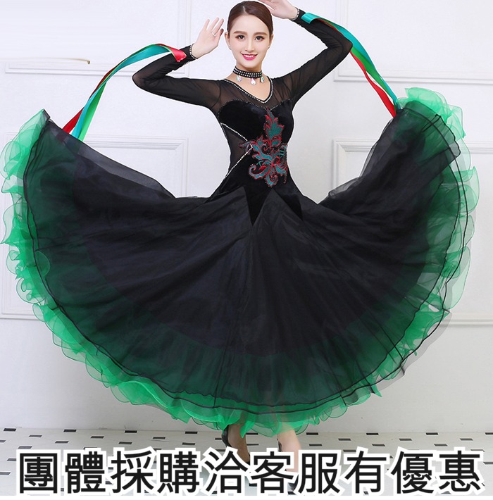 5Cgo 564896590626 訂做-緞帶跳舞摩登舞裙新款華爾茲舞衣連衣裙女演出服舞蹈服比賽裙國標舞交誼舞大裙擺蕾絲黑綠 AGL88010