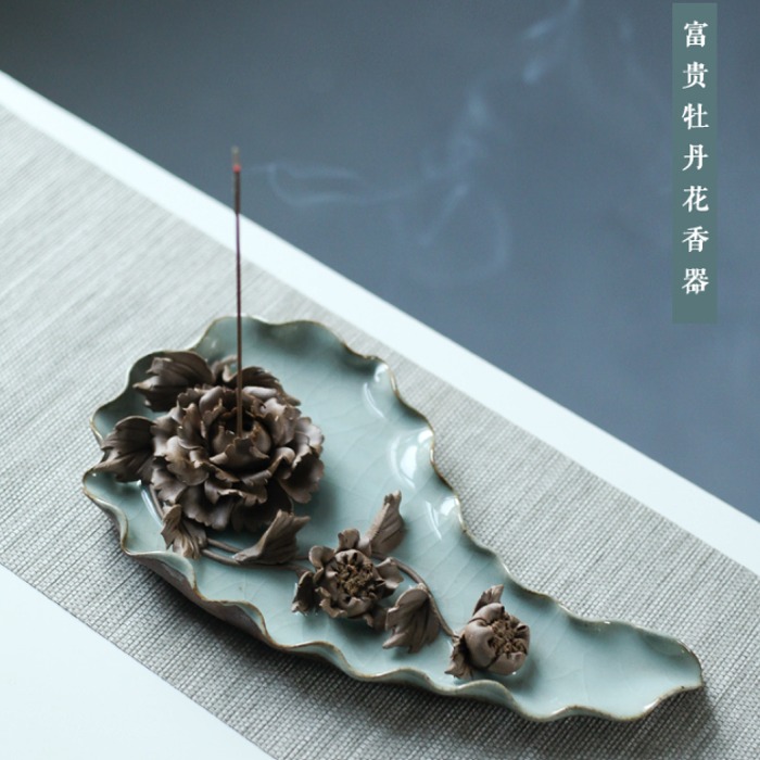 5Cgo 566541694999 禪意陶瓷手工牡丹荷花蓮花香插香爐線香倒流香香托香座香盤茶席茶盤 AGL08000 