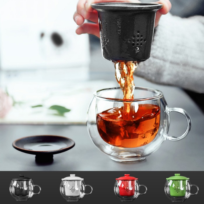 5Cgo 565281720278 雙層玻璃杯防燙帶蓋過濾內膽茶杯茶水分離泡茶杯陶瓷創意花茶杯辦公室小資女水杯茶葉 AGL86000