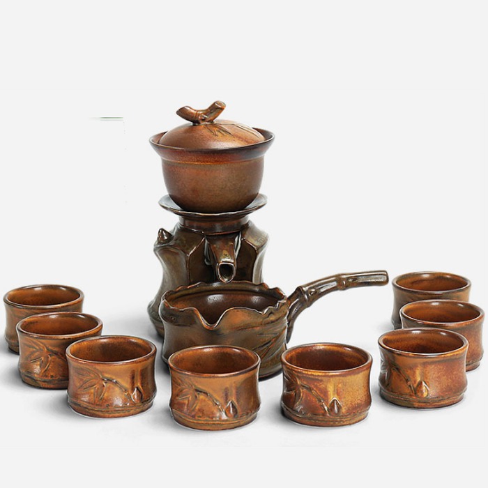 5Cgo 43665520164 粗陶瓷半全自動茶具套裝懶人整套功夫茶具沖茶器茶壺茶側把海品茗杯竹節竹筒-竹報平安 AGL03100