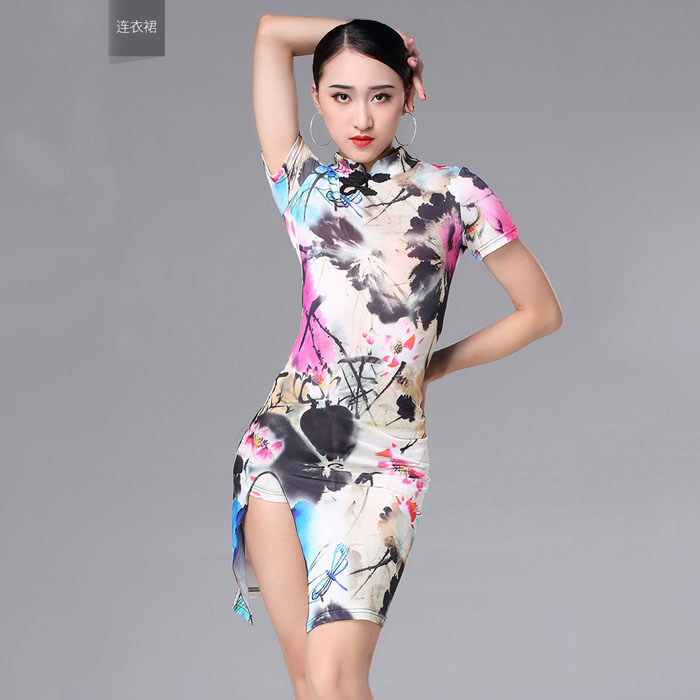 5Cgo 571855995744 夏季2018新款成人女拉丁舞蹈服裝連衣裙表演出服練功習冰絲拉丁舞恰恰舞練習服 HJT82100