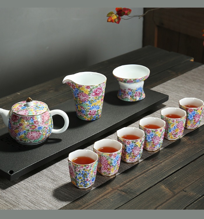 5Cgo 558986616475 景德鎮陶瓷青花瓷蓋碗茶壺功夫茶具琺瑯粉彩禮品茶壺整套泡茶組仿古茶杯茶海品茗杯百花繁花 AGL08100