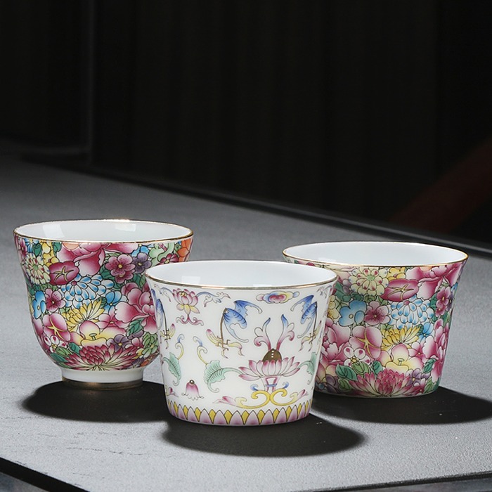 5Cgo 568201288300 百花景德鎮琺瑯彩陶瓷茶杯家用功夫茶具青花主人杯品茗杯個人單杯斗笠杯茶盞泡茶杯 -六個杯 AGL05100
