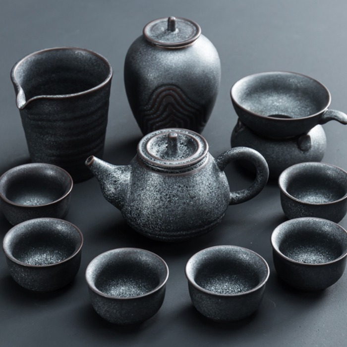 5Cgo 567357259347 復古鐵銹釉功夫茶具套裝整套茶具陶瓷茶壺茶杯茶葉罐公道杯茶濾網黑色金屬風 AGL00200