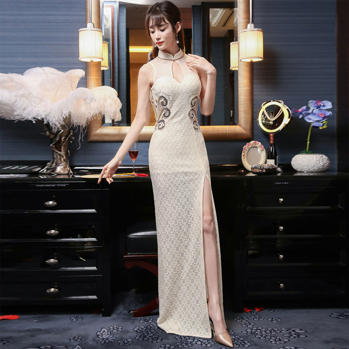 5Cgo 555535337588 夏季新款舞會宴會走秀開叉晚禮服新中式時尚改良蕾絲旗袍宴會主持婚禮走秀連衣裙  HJT49200
