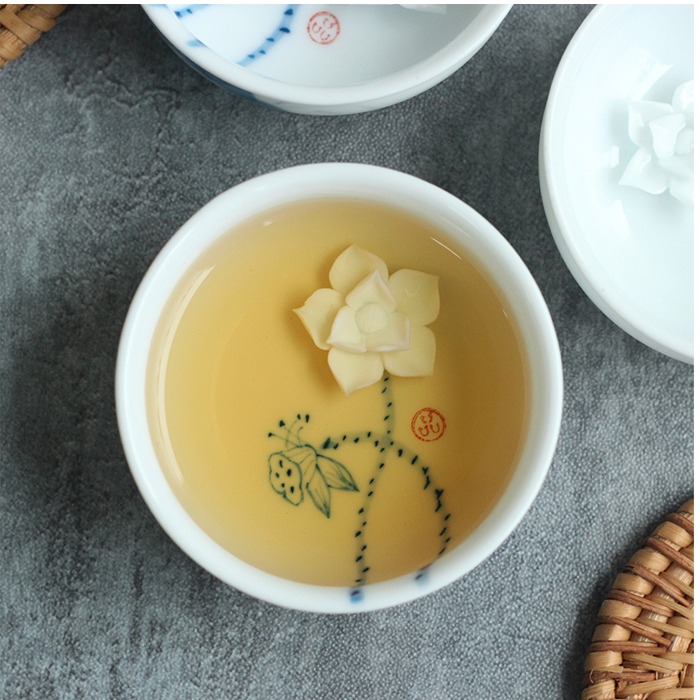 5Cgo 540124672689 浮雕蓮花荷花荷葉陶瓷茶杯青花功夫茶杯品茗杯手繪普洱杯烏龍茶杯-六個杯 AGL09000