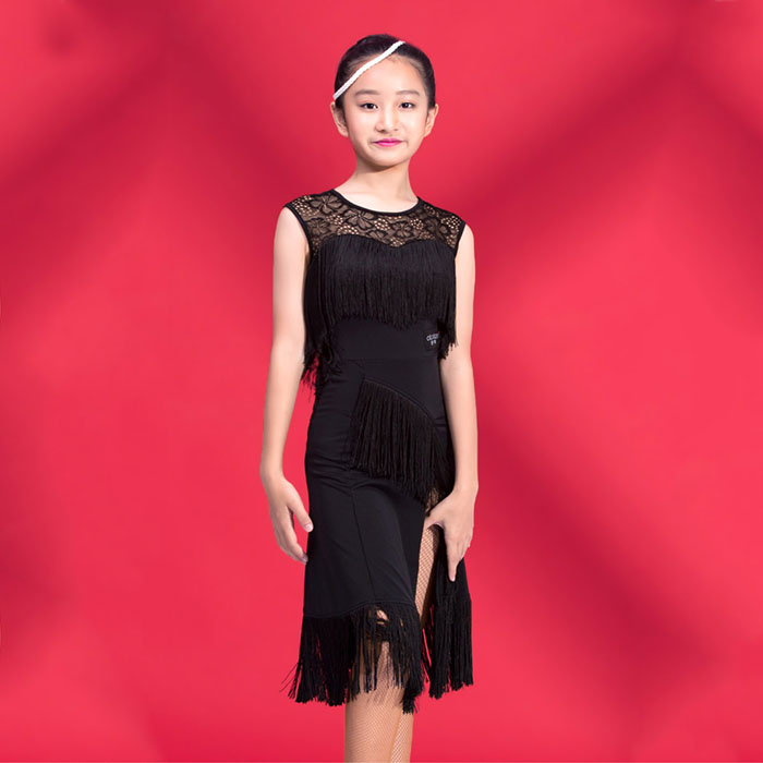 5Cgo 555227923514 新款夏季女孩大童拉丁舞表演服流蘇連衣裙蕾絲少兒比賽考級服表演服黑白色茜卡索 HJT94200
