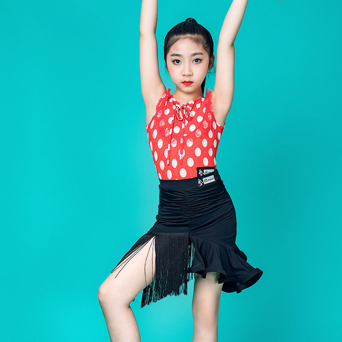 5Cgo 569507243649 新款夏季拉丁舞服裝新款兒童練功服女孩夏裝中大童比賽服表演服比賽流蘇套裝 HJT96200