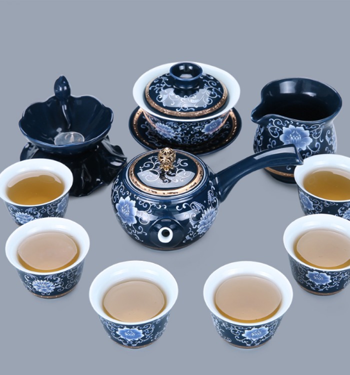 5Cgo 560360108440 青花瓷茶具景德鎮功夫茶道整套泡茶組陶瓷泡茶壺描金藍釉牡丹花開富貴側把壺茶海品茗杯套餐藍 AGL00300