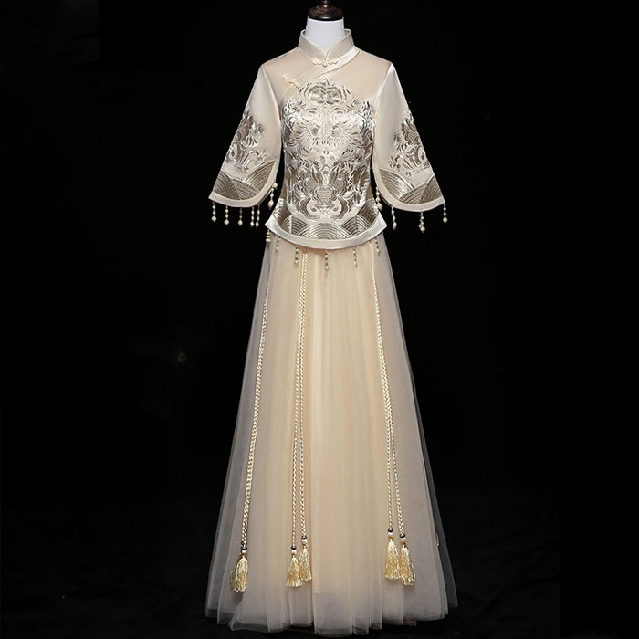 5Cgo 570994909580 秀禾服新娘新款旗袍婚禮夏季新娘禮服薄款中式婚紗秀和服複古中國風禮袍服新娘禮服 HJT83300