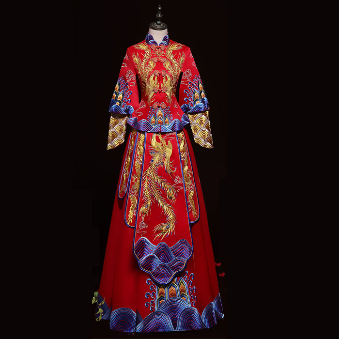 5Cgo 559030257194 中式結婚禮服男女套裝兩套秀禾服新娘新款龍鳳褂結婚大五福拖尾禮服中式敬酒服複古旗袍  HJT68700