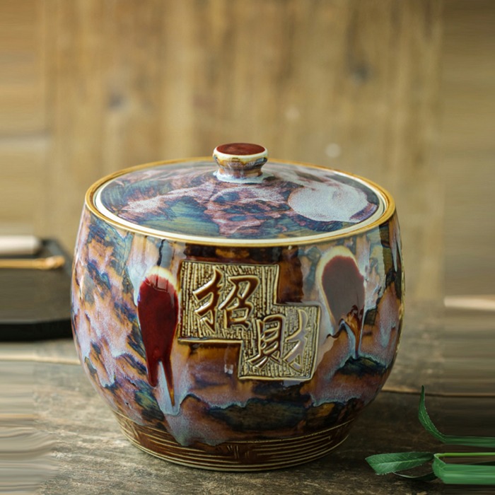 5Cgo 561975278508 景德鎮陶瓷米缸家用米桶密封儲物箱腌菜肉酒壇帶蓋防潮蟲花秞窯變招財進寶聚寶盆-10斤 AGL82100