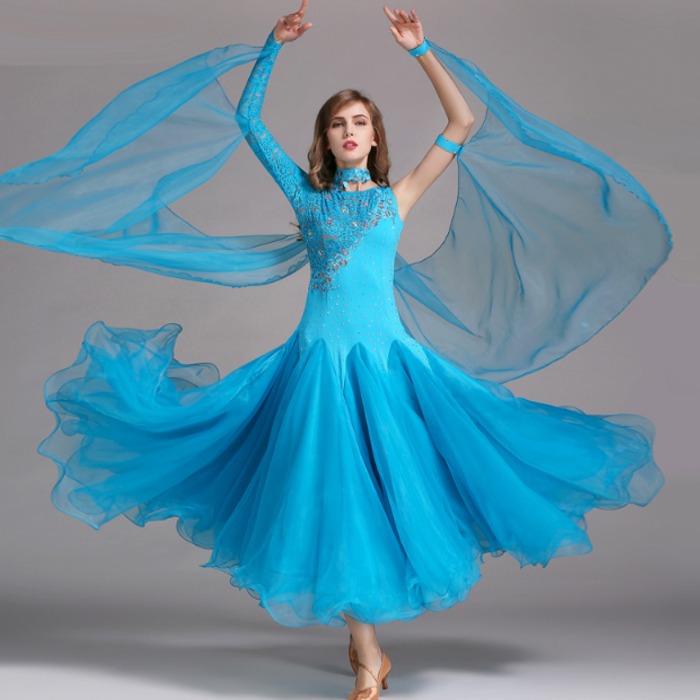 5Cgo 35352458304摩登舞裙演出服國標舞裙比賽連衣裙摩登裙簡約V領修身版型華麗鑲鉆超大裙擺舞衣AGL07200