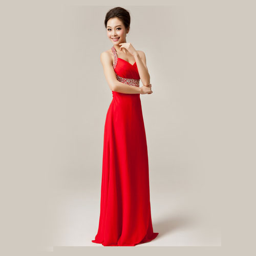 5Cgo  10442959711 最新款婚紗禮服掛脖 新娘結婚長款吊帶紅禮服 宴會晚禮服敬酒 MIK87200 