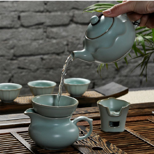 5Cgo 20656587416 正品鴻運當頭汝窯陶瓷器功夫茶具整套裝開片荷葉壺汝瓷茶具套裝 SHM99300 