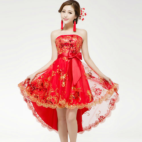 5Cgo  8814209221 夏新款新娘前短後長連衣裙結婚紗 蕾絲紅色敬酒服 小禮服裙女 MIK45100
