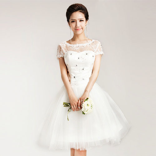 5Cgo 18442637210 婚紗新娘結婚禮服 甜美公主蓬蓬裙 包肩蕾絲短袖短款邦帶婚紗 MIK69200